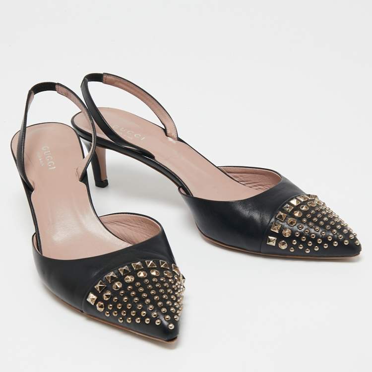 Pre Owned Gucci Black Leather Studded Pointed Toe Slingback Pumps Size 39.5