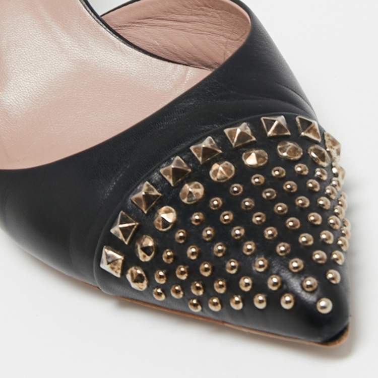 Pre Owned Gucci Black Leather Studded Pointed Toe Slingback Pumps Size 39.5