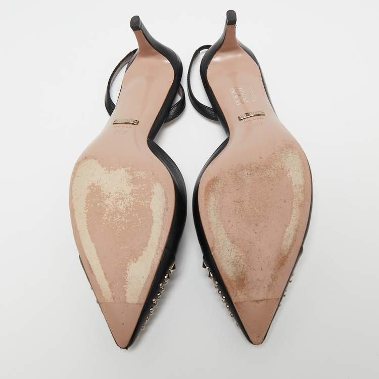 Pre Owned Gucci Black Leather Studded Pointed Toe Slingback Pumps Size 39.5
