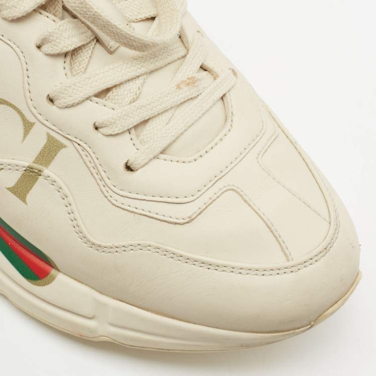 Pre Owned Gucci Cream Leather Rhyton Gucci Logo Lace Up Sneakers Size 38.5 