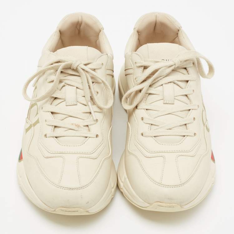Pre Owned Gucci Cream Leather Rhyton Gucci Logo Lace Up Sneakers Size 38.5 