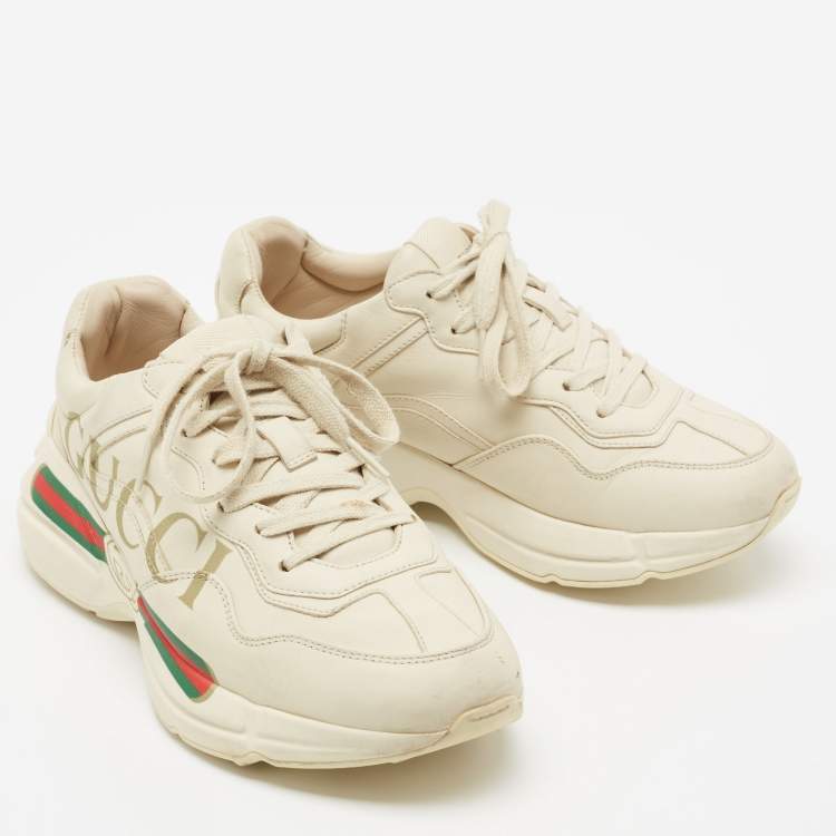 Pre Owned Gucci Cream Leather Rhyton Gucci Logo Lace Up Sneakers Size 38.5 