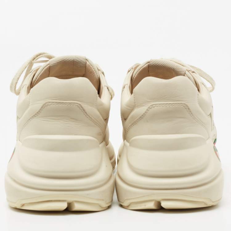 Pre Owned Gucci Cream Leather Rhyton Gucci Logo Lace Up Sneakers Size 38.5 