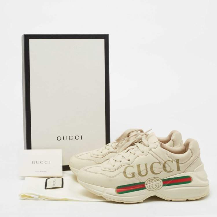 Pre Owned Gucci Cream Leather Rhyton Gucci Logo Lace Up Sneakers Size 38.5 