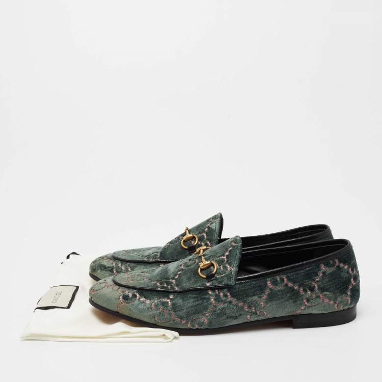 Pre Owned Gucci Green GG Velvet Jordaan Horsebit Slip On Loafers Size 40
