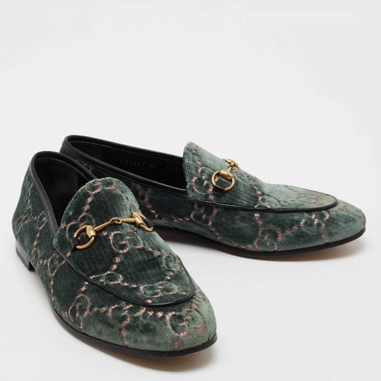 Pre Owned Gucci Green GG Velvet Jordaan Horsebit Slip On Loafers Size 40