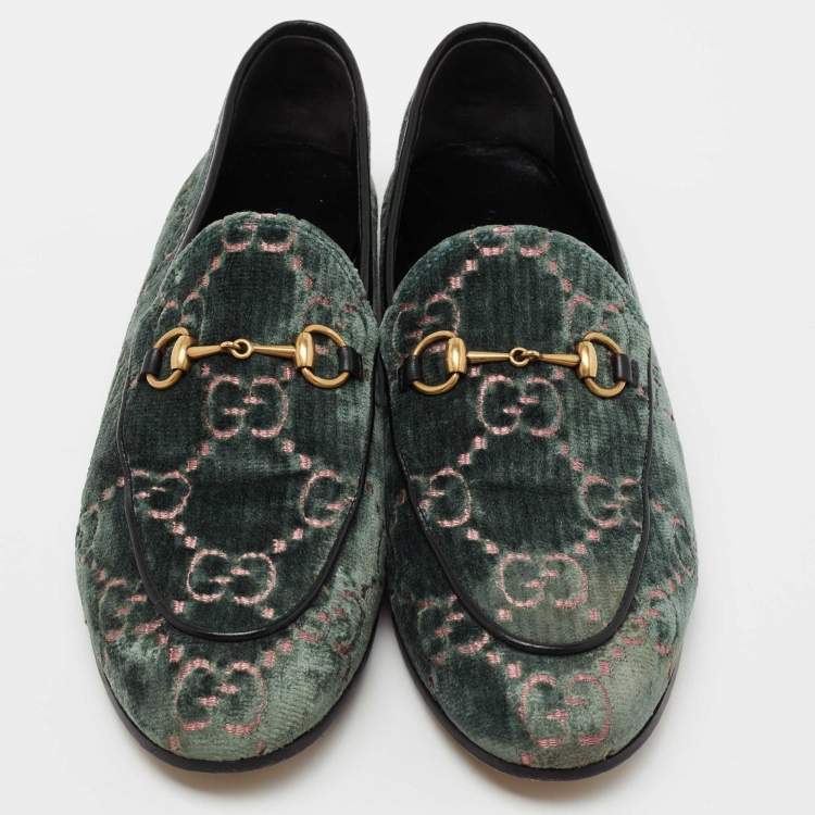 Pre Owned Gucci Green GG Velvet Jordaan Horsebit Slip On Loafers Size 40