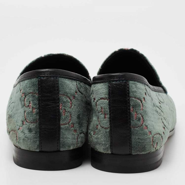 Pre Owned Gucci Green GG Velvet Jordaan Horsebit Slip On Loafers Size 40