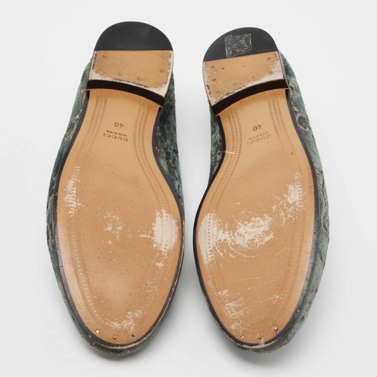 Pre Owned Gucci Green GG Velvet Jordaan Horsebit Slip On Loafers Size 40
