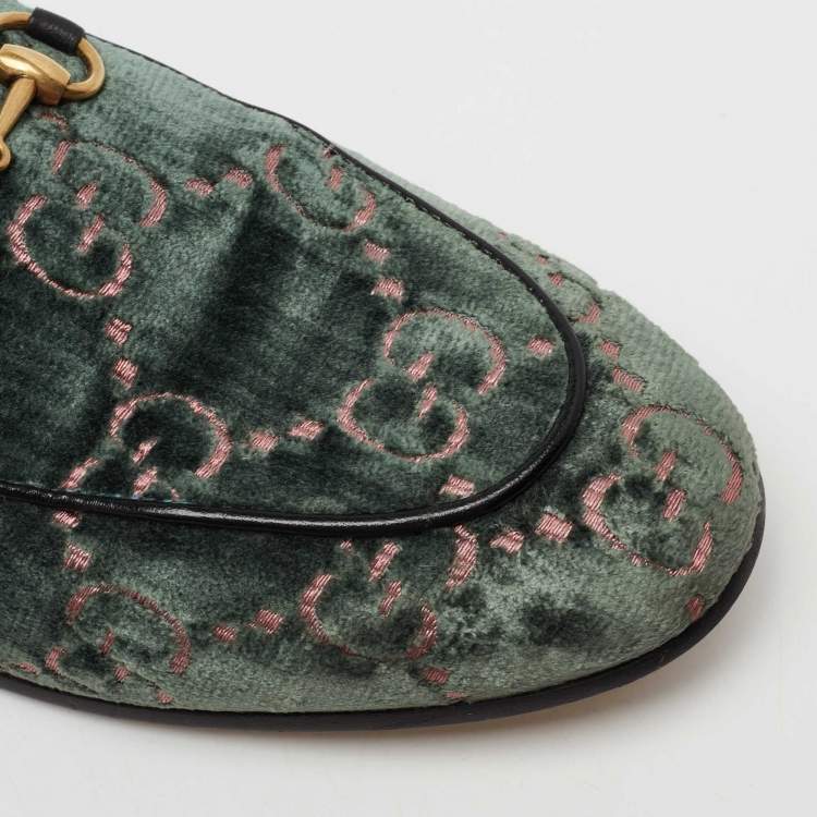 Pre Owned Gucci Green GG Velvet Jordaan Horsebit Slip On Loafers Size 40
