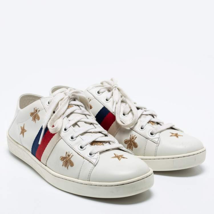 Pre Owned Gucci Off White Leather Ace Bee And Stars Embroidered Low Top Sneakers Size 39