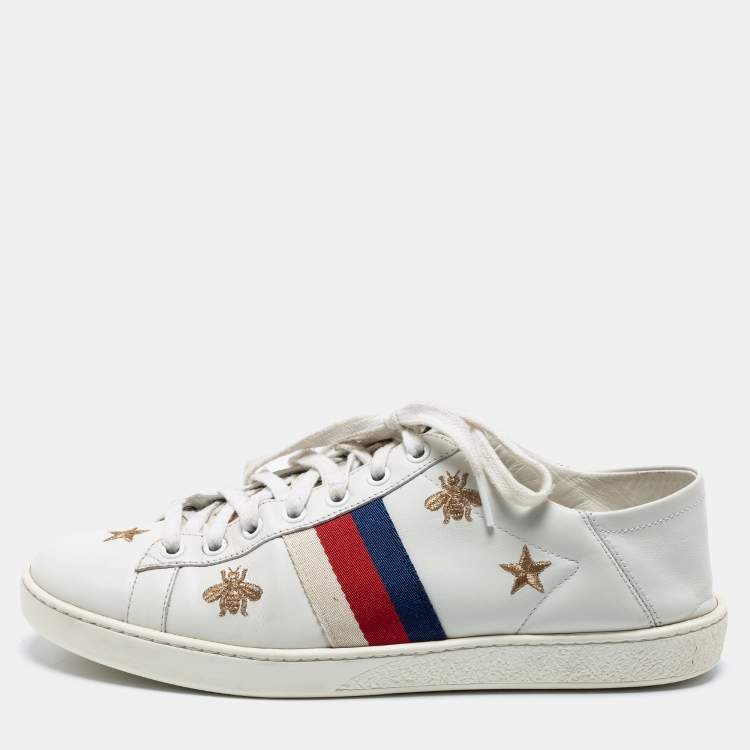 Pre Owned Gucci Off White Leather Ace Bee And Stars Embroidered Low Top Sneakers Size 39