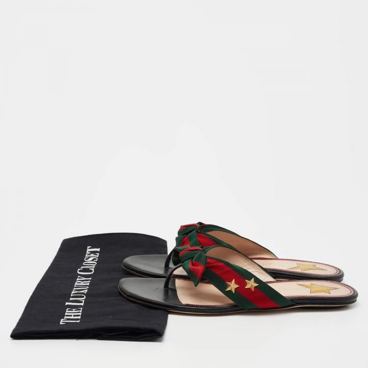 Pre Owned Gucci Black Leather Web  Bow Accent Thong Sandals Size 37