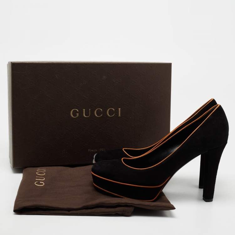 Pre Owned Gucci Black/Brown Suede Huston Platform Pumps Size 37.5