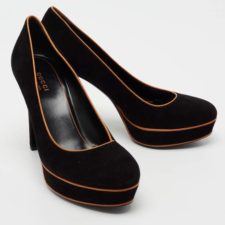Pre Owned Gucci Black/Brown Suede Huston Platform Pumps Size 37.5