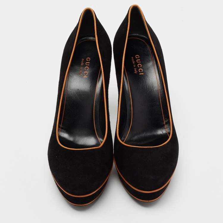 Pre Owned Gucci Black/Brown Suede Huston Platform Pumps Size 37.5