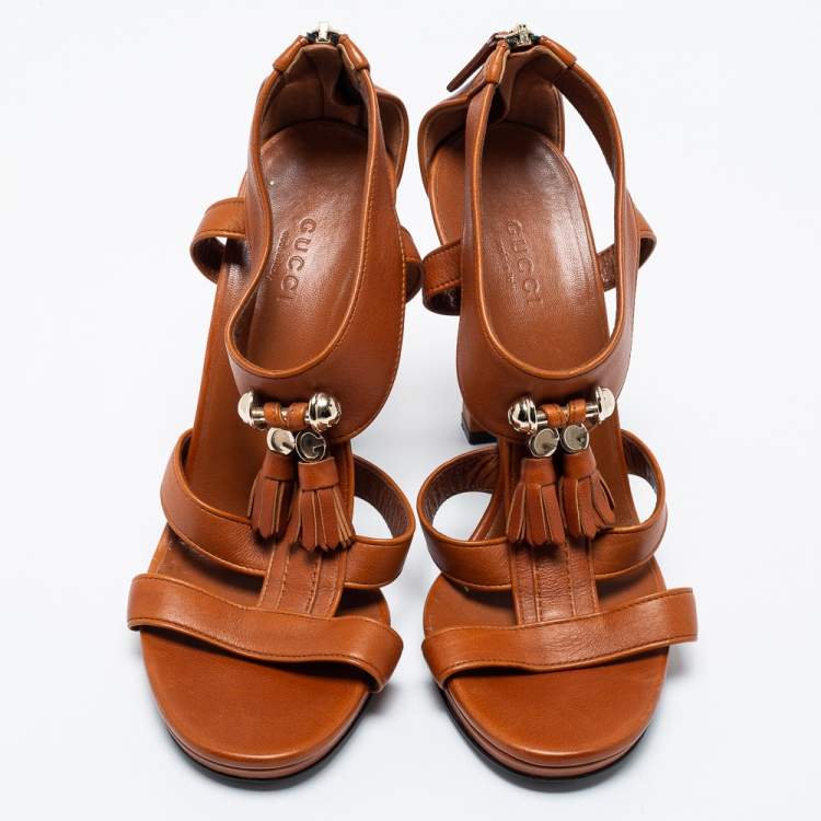 Pre Owned Gucci Tan Leather Marrakech Open-Toe Sandals Size 38