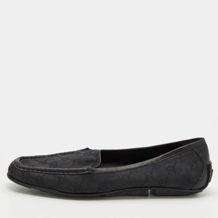 Pre Owned Gucci Black Guccissima Canvas And Leather Slip On Loafers  Size 39
