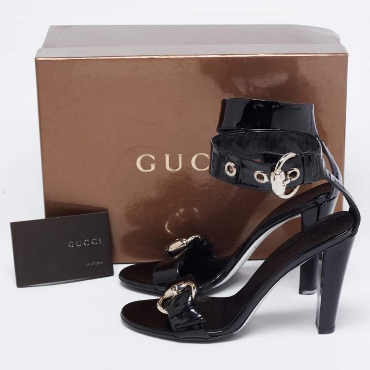 Pre Owned Gucci Black Patent Leather Buckle Detail Ankle Strap Sandals Size 38.5