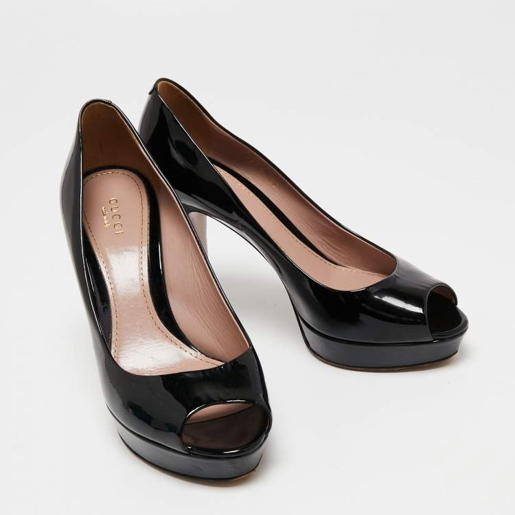 Pre Owned Gucci Black Patent Leather Peep Toe Platform Pumps Size 38