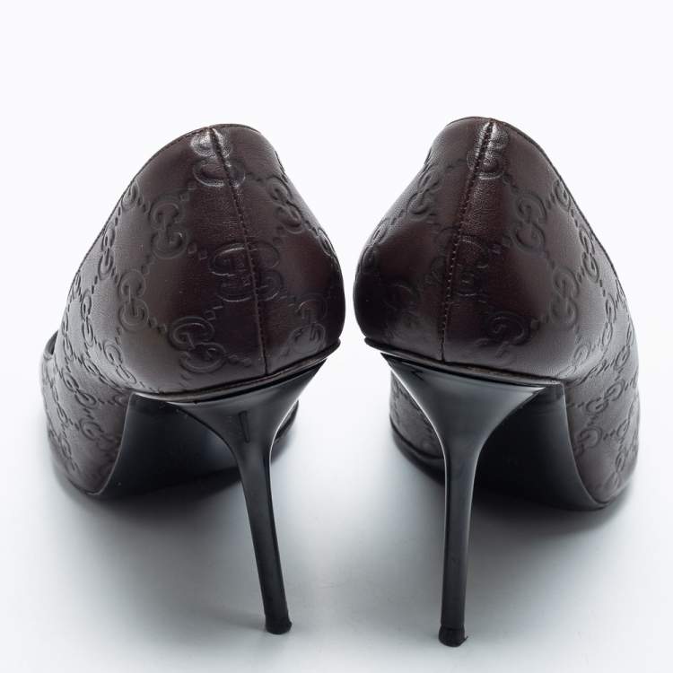 Pre Owned Gucci Dark Brown Guccissima Leather Peep Toe Pumps Size 40