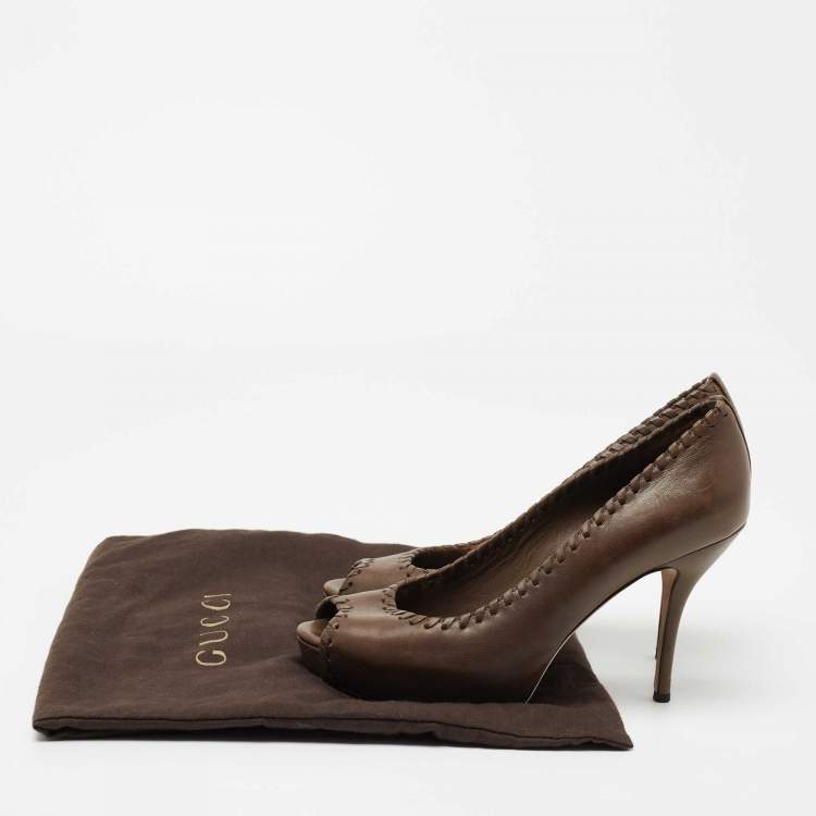 Pre Owned Gucci Brown Leather Whipstitch Peep Toe Platform Pumps Size 38