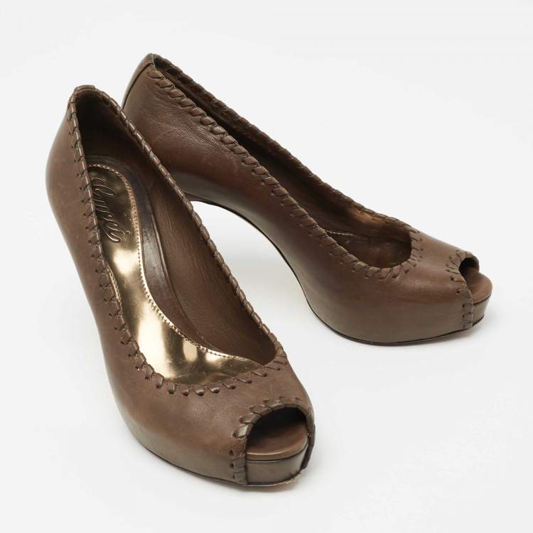 Pre Owned Gucci Brown Leather Whipstitch Peep Toe Platform Pumps Size 38