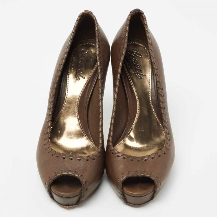 Pre Owned Gucci Brown Leather Whipstitch Peep Toe Platform Pumps Size 38