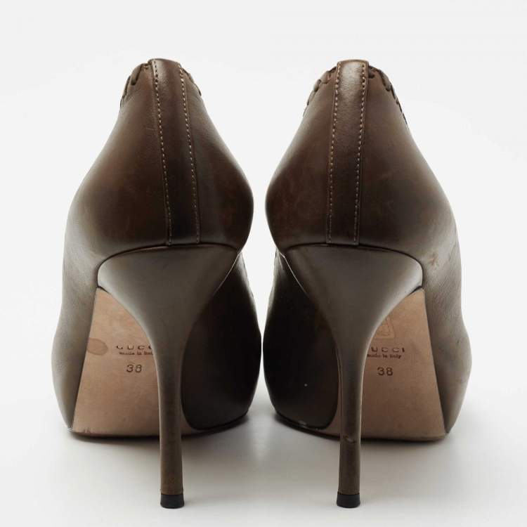 Pre Owned Gucci Brown Leather Whipstitch Peep Toe Platform Pumps Size 38