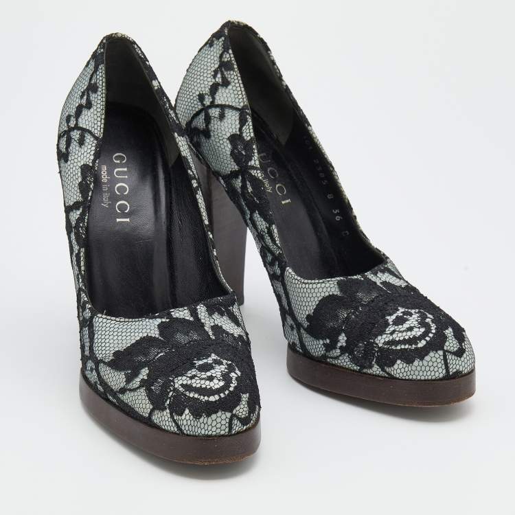 Pre Owned Gucci Black/Grey Floral Lace And Satin Block Heel Pumps Size 36