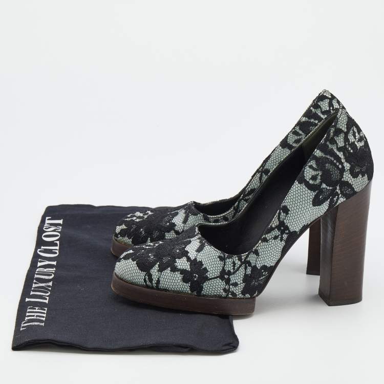 Pre Owned Gucci Black/Grey Floral Lace And Satin Block Heel Pumps Size 36