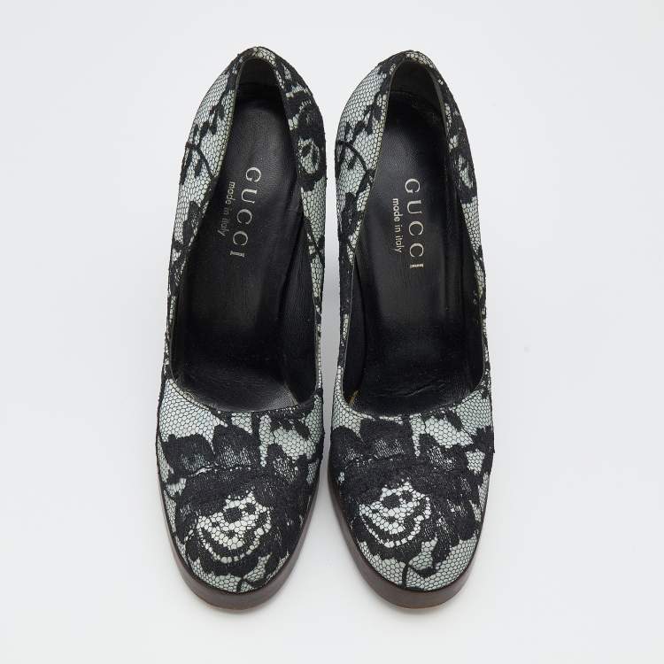 Pre Owned Gucci Black/Grey Floral Lace And Satin Block Heel Pumps Size 36