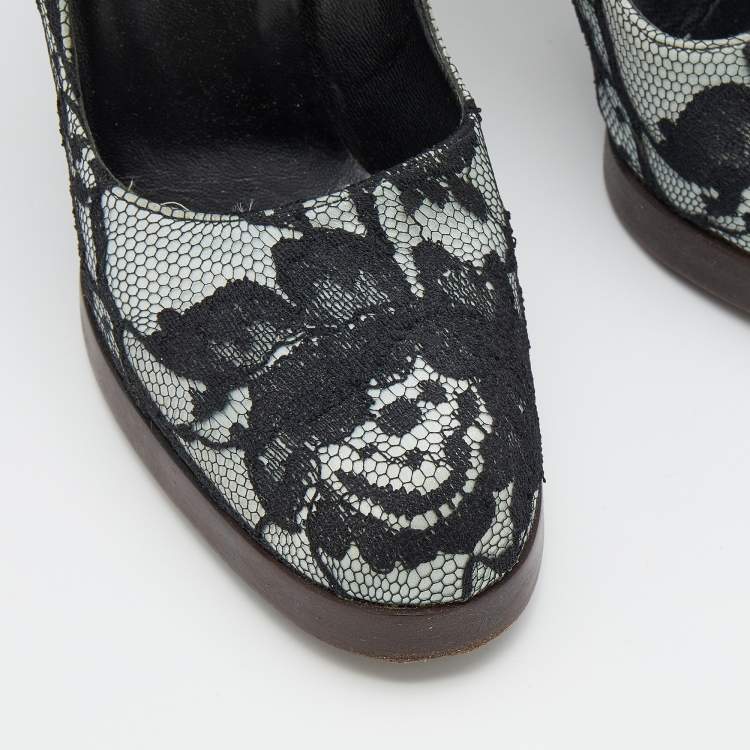 Pre Owned Gucci Black/Grey Floral Lace And Satin Block Heel Pumps Size 36
