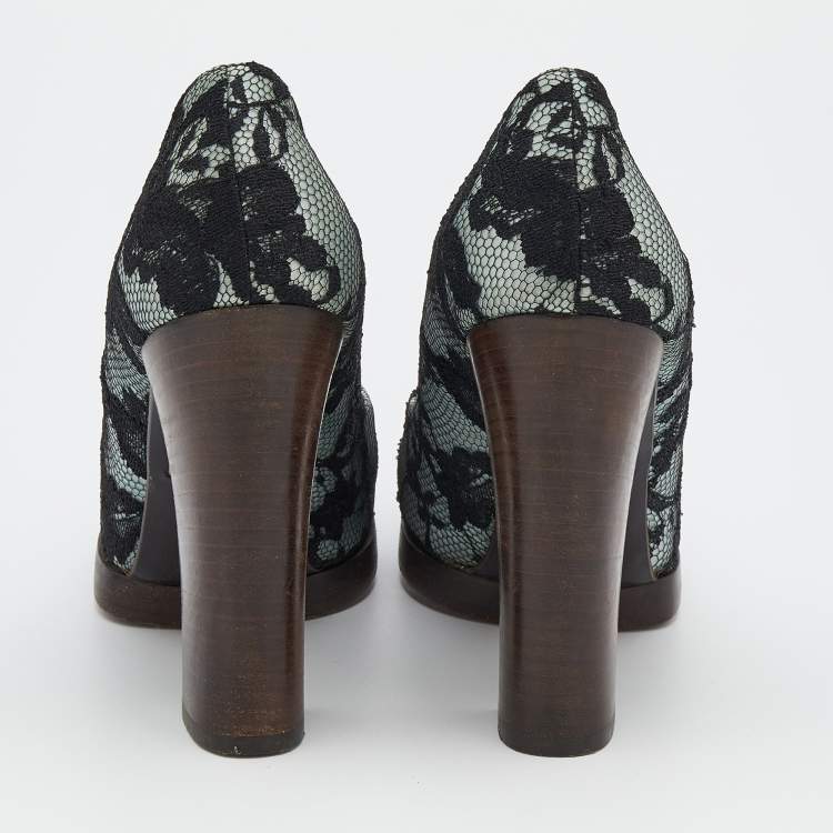 Pre Owned Gucci Black/Grey Floral Lace And Satin Block Heel Pumps Size 36
