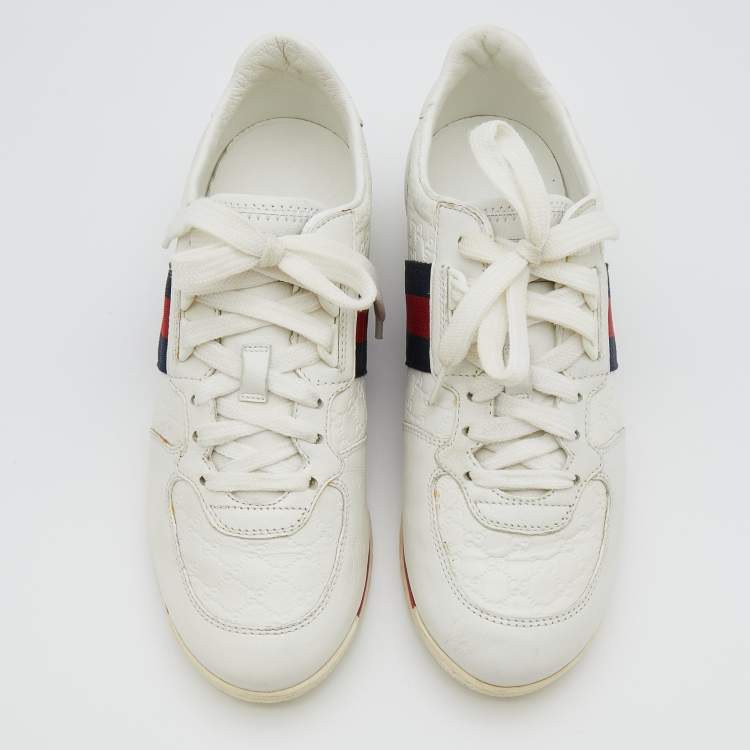 Pre Owned Gucci White Micro Guccissima Leather Web Detail Low Top Sneakers Size 36.5