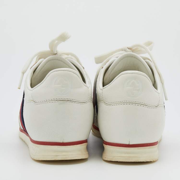 Pre Owned Gucci White Micro Guccissima Leather Web Detail Low Top Sneakers Size 36.5