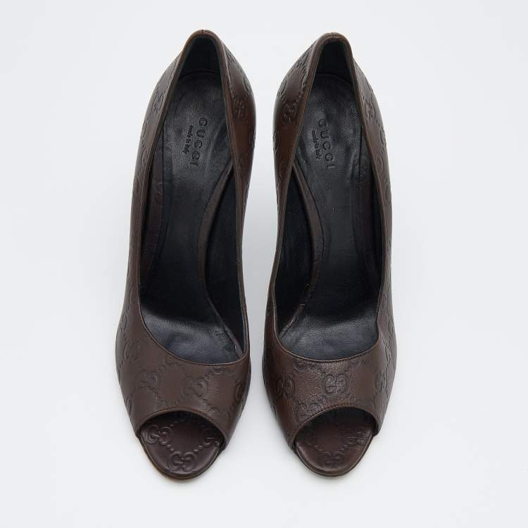 Pre Owned Gucci Dark Brown Guccissima Leather Open Toe Pumps Size 40.5