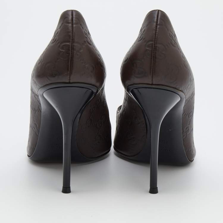 Pre Owned Gucci Dark Brown Guccissima Leather Open Toe Pumps Size 40.5