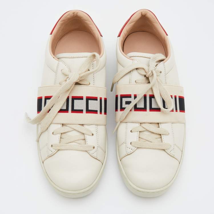Pre Owned Gucci White/Red Leather Elastic Band Ace Low Top Sneakers Size 37