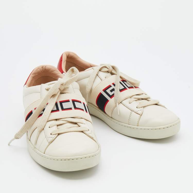 Pre Owned Gucci White/Red Leather Elastic Band Ace Low Top Sneakers Size 37