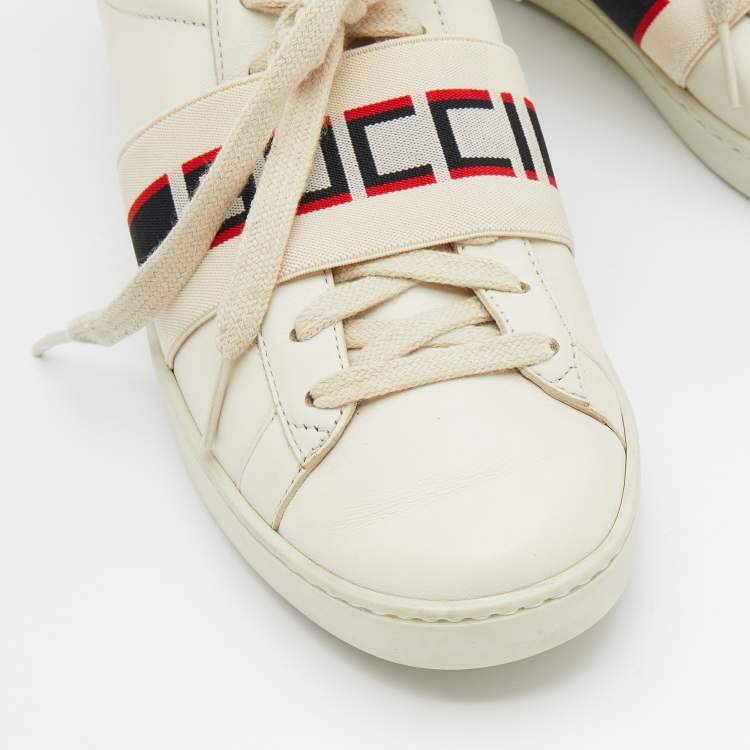 Pre Owned Gucci White/Red Leather Elastic Band Ace Low Top Sneakers Size 37