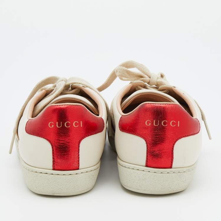 Pre Owned Gucci White/Red Leather Elastic Band Ace Low Top Sneakers Size 37