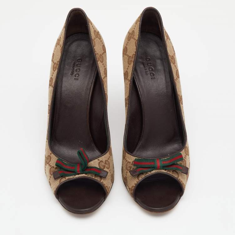 Pre Owned Gucci Beige/Brown GG Canvas And Leather Web Bow Peep Toe Pumps Size 38