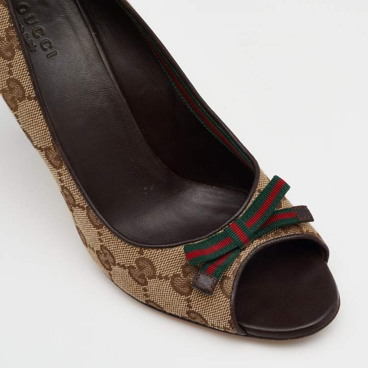 Pre Owned Gucci Beige/Brown GG Canvas And Leather Web Bow Peep Toe Pumps Size 38