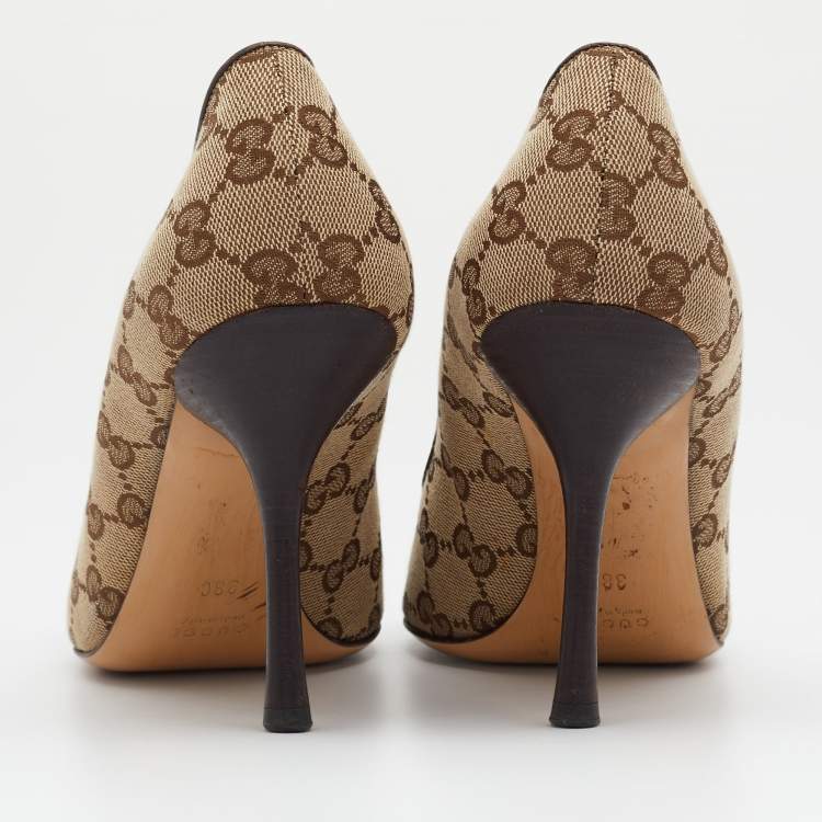 Pre Owned Gucci Beige/Brown GG Canvas And Leather Web Bow Peep Toe Pumps Size 38