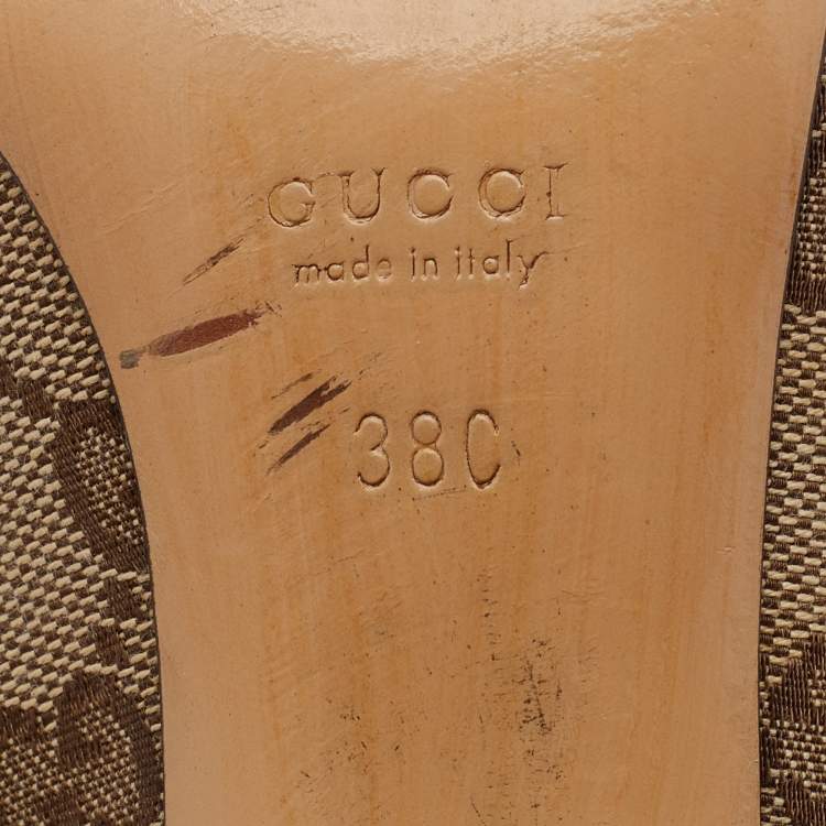 Pre Owned Gucci Beige/Brown GG Canvas And Leather Web Bow Peep Toe Pumps Size 38