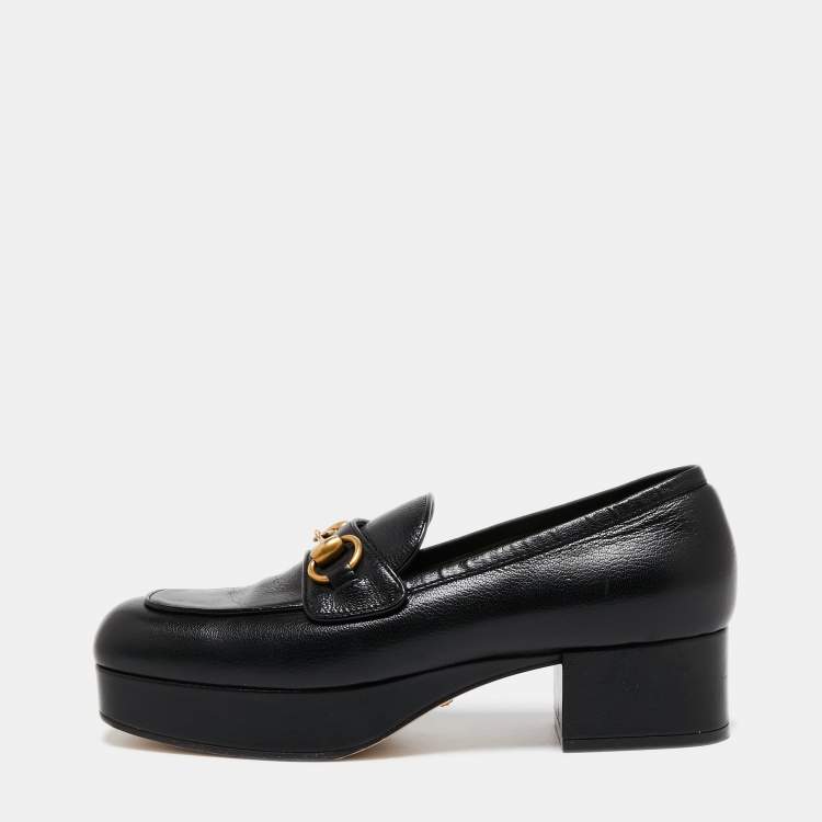 Pre Owned Gucci Black Leather 1953 Horsebit Platform Moccasin Size 37.5
