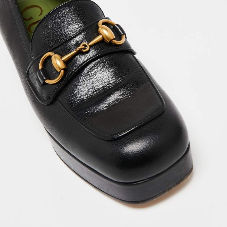 Pre Owned Gucci Black Leather 1953 Horsebit Platform Moccasin Size 37.5