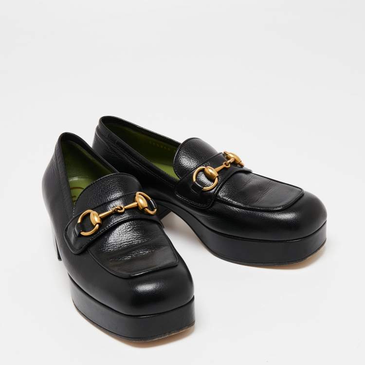 Pre Owned Gucci Black Leather 1953 Horsebit Platform Moccasin Size 37.5