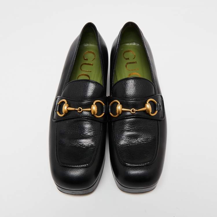 Pre Owned Gucci Black Leather 1953 Horsebit Platform Moccasin Size 37.5